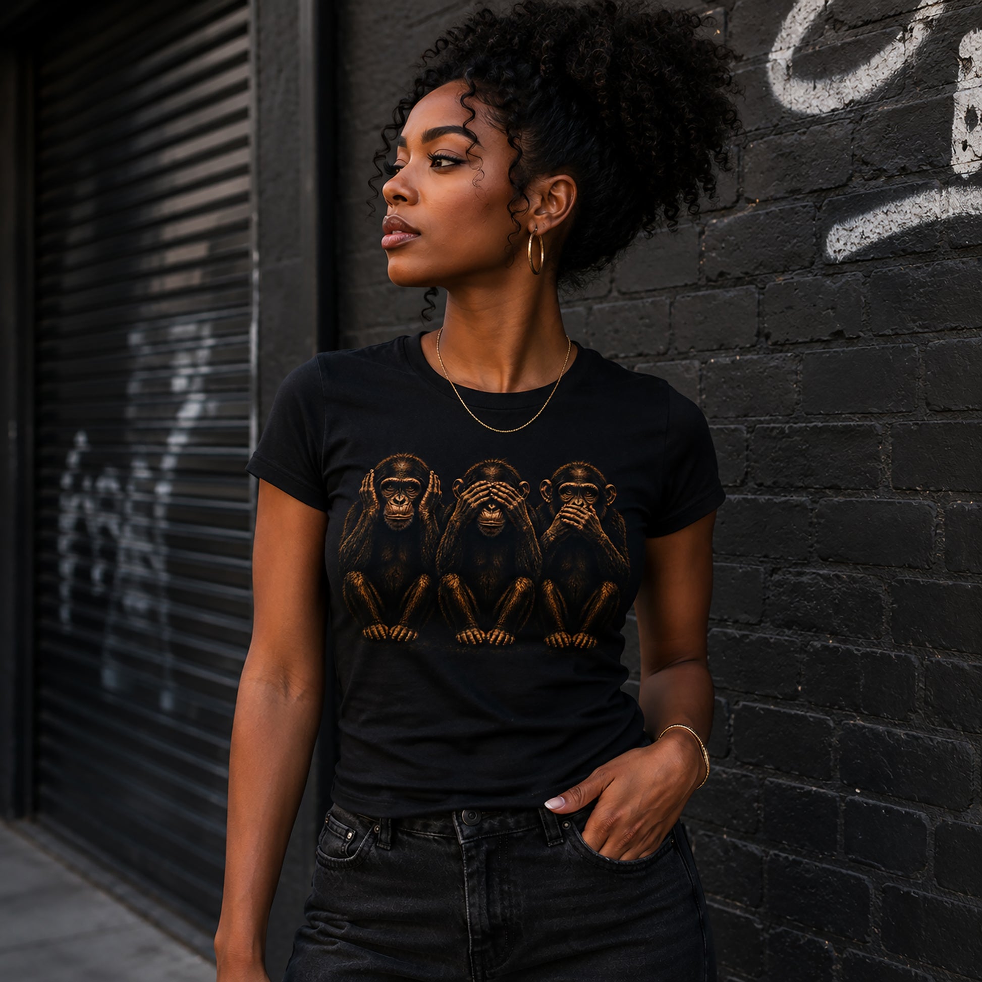 Black woman modeling fitted black graphic t-shirt featuring hear no evil see no evil speak no evil artwork