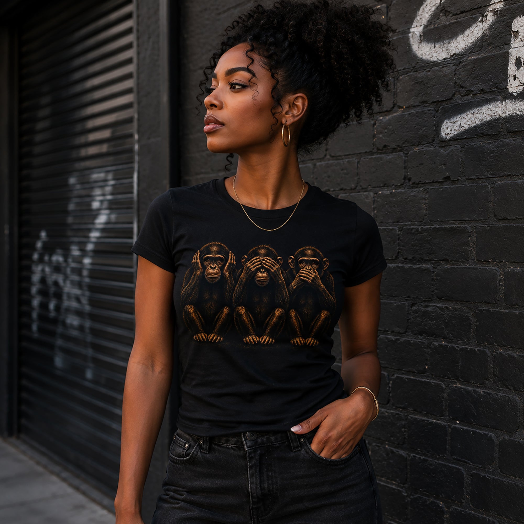 Black woman modeling fitted black graphic t-shirt featuring hear no evil see no evil speak no evil artwork