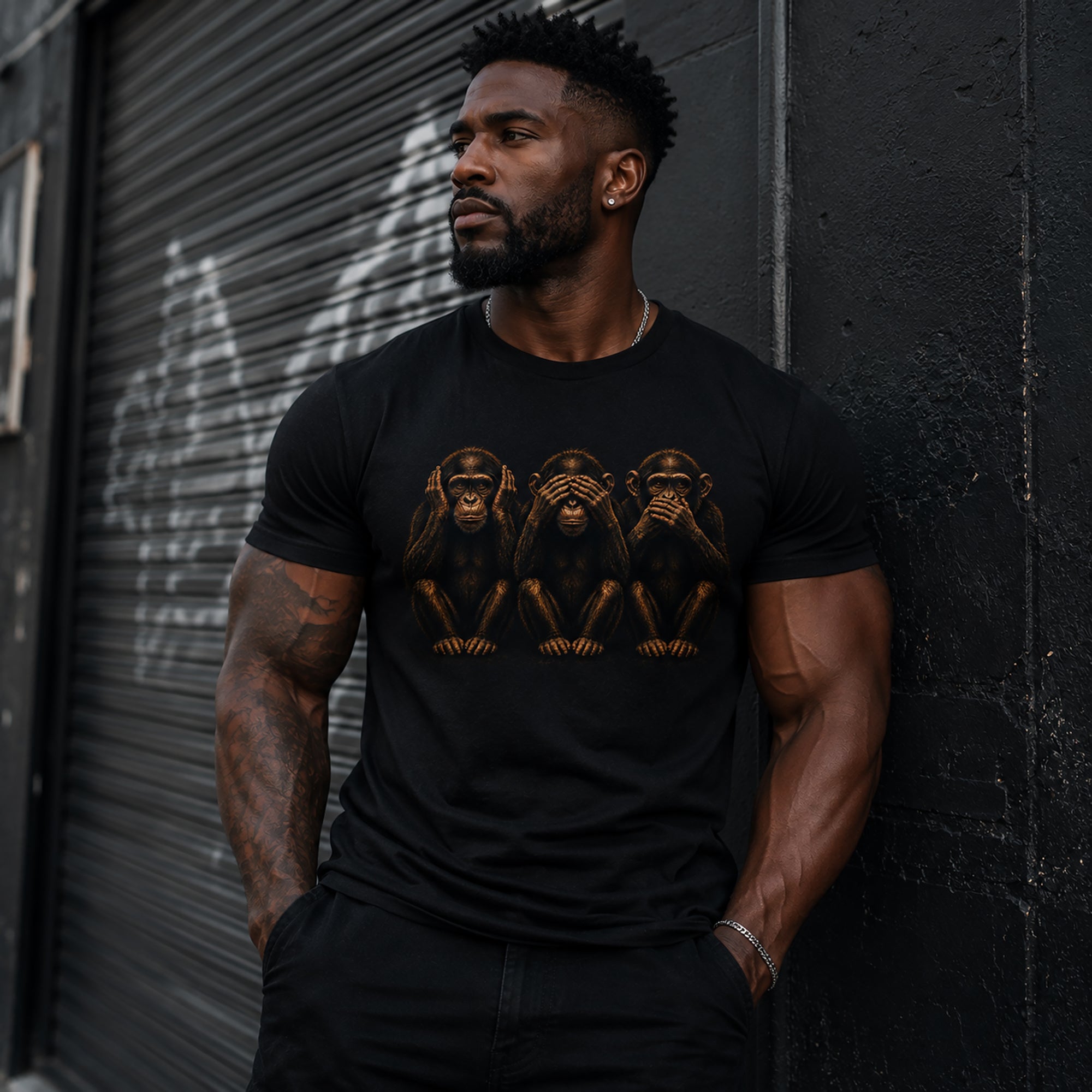 Muscular Black man wearing fitted black graphic t-shirt with hear no evil see no evil speak no evil monkey design