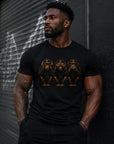 Muscular Black man wearing fitted black graphic t-shirt with hear no evil see no evil speak no evil monkey design