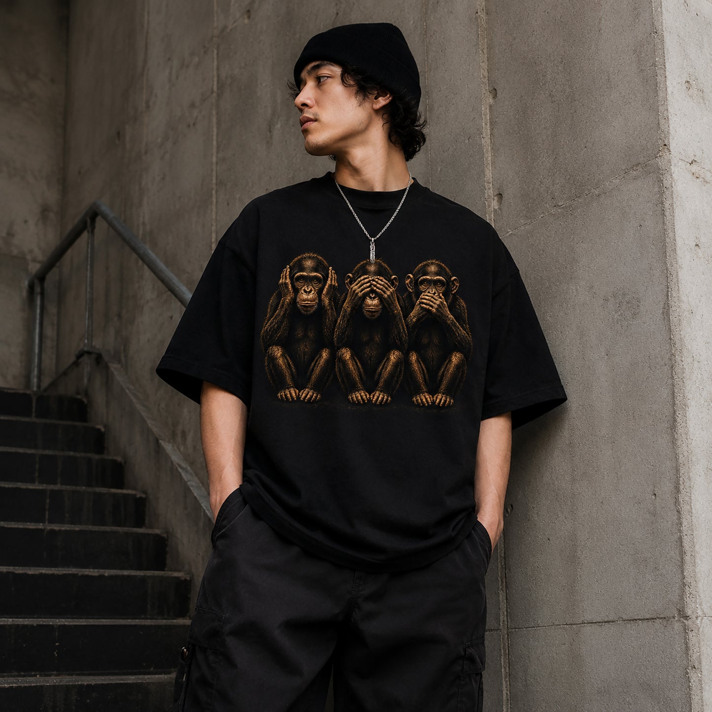 Oversized black streetwear t-shirt featuring hear no evil see no evil speak no evil monkey graphic
