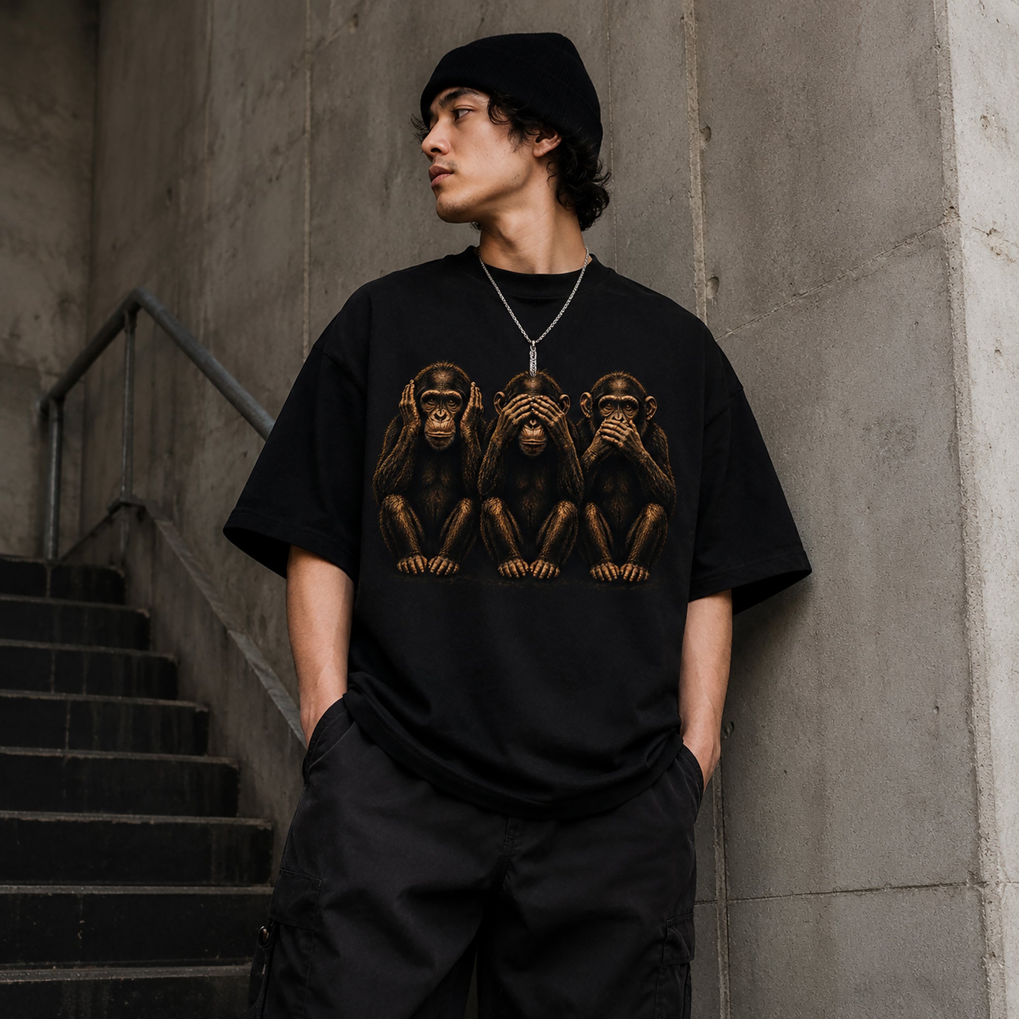 Oversized black streetwear t-shirt featuring hear no evil see no evil speak no evil monkey graphic