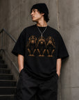 Oversized black streetwear t-shirt featuring hear no evil see no evil speak no evil monkey graphic