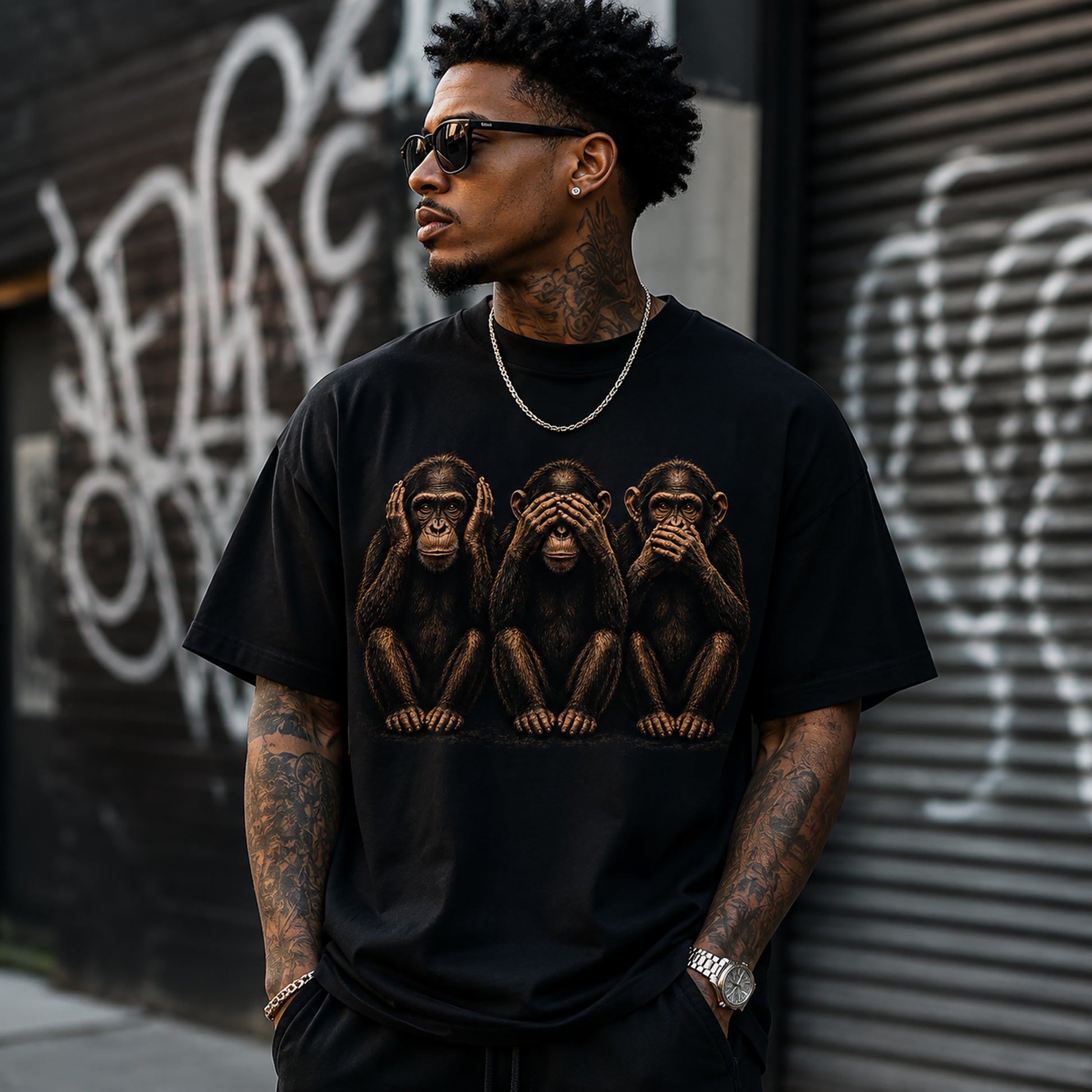 Streetwear lifestyle mockup of black graphic t-shirt with hear no evil see no evil speak no evil monkey artwork