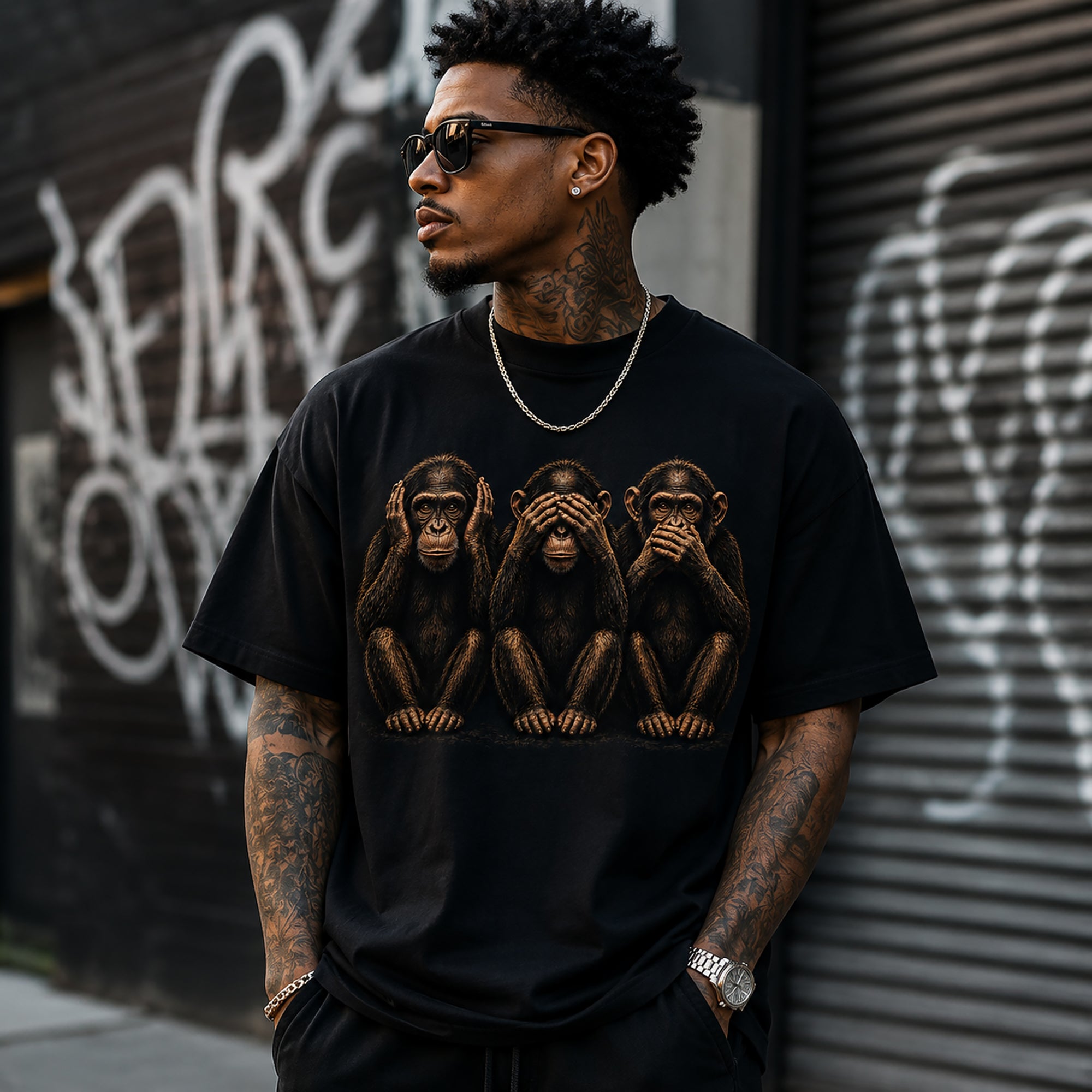 Streetwear lifestyle mockup of black graphic t-shirt with hear no evil see no evil speak no evil monkey artwork