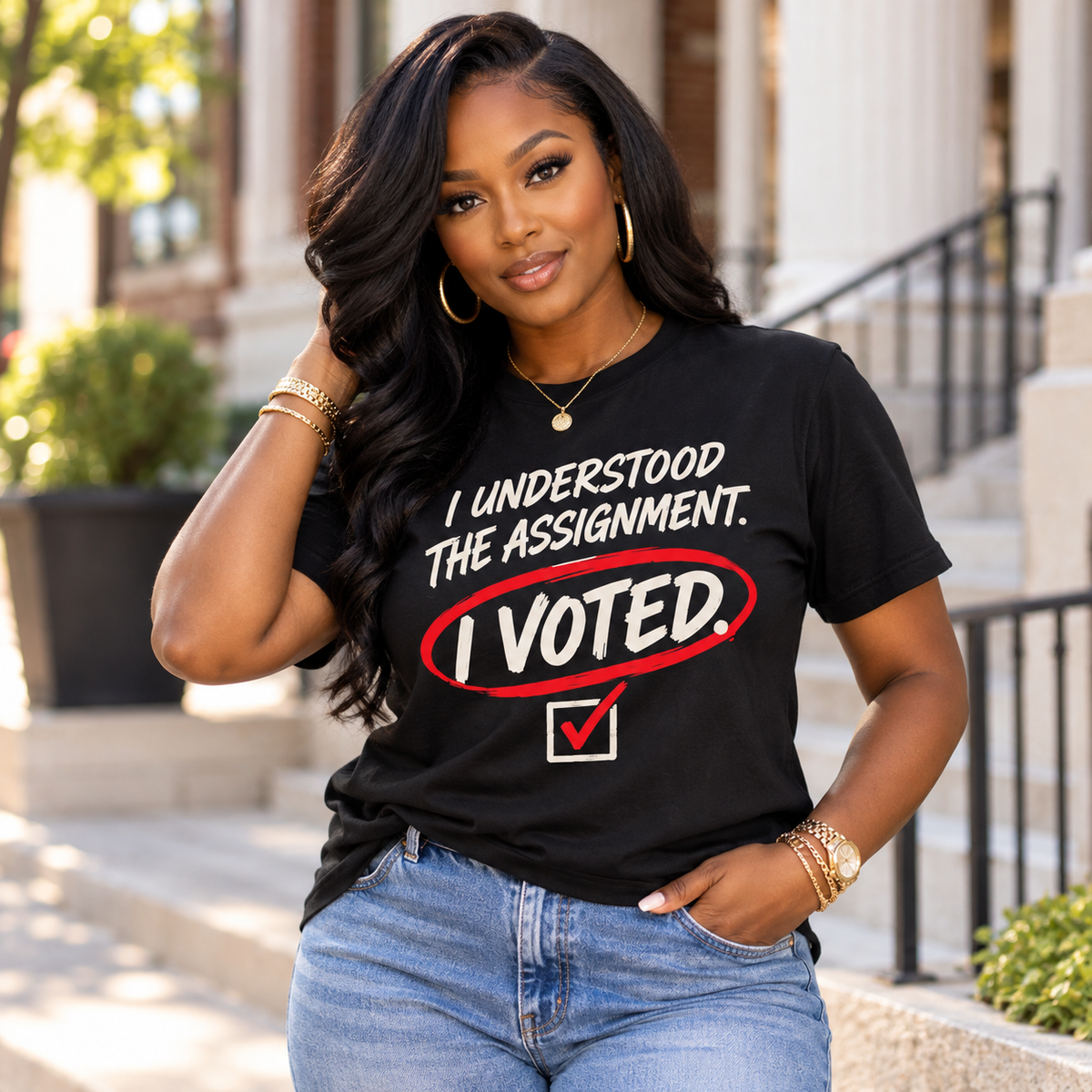 Black woman wearing I Understood the Assignment I Voted black T-shirt