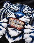 Close-up of Iced Out Tiger Bling DTF print and diamond-inspired grill
