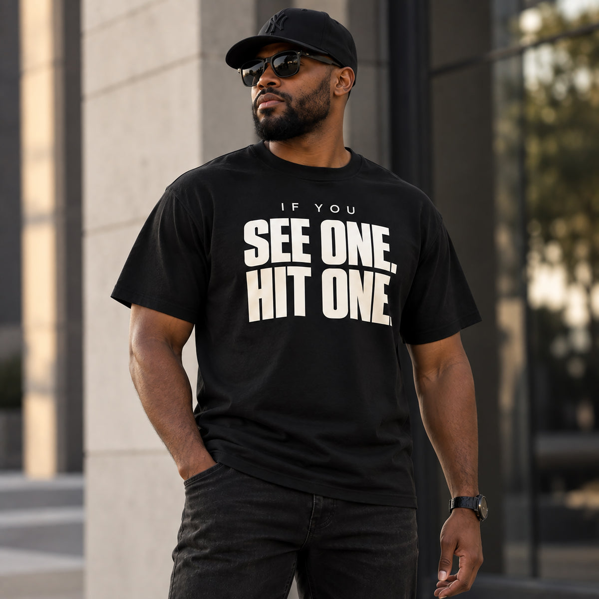 A man wearing a black t-shirt with the bold white text 'IF YOU SEE ONE, HIT ONE.' printed on the chest, styled with a black baseball cap, sunglasses, and dark jeans in an outdoor urban setting.