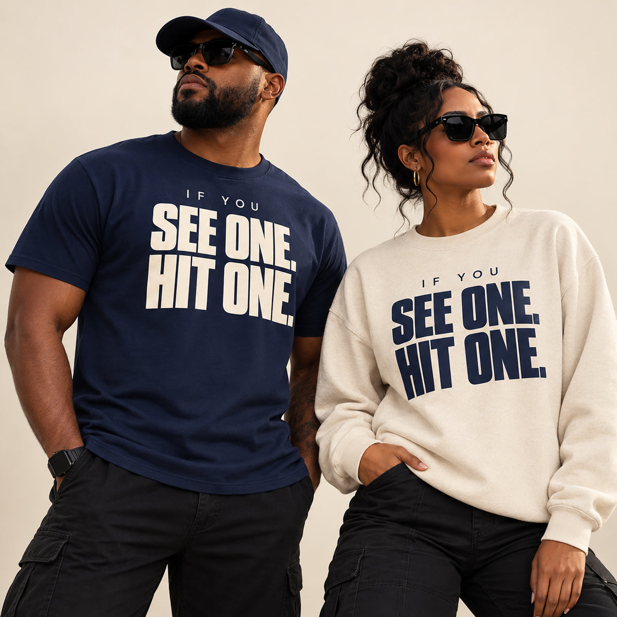 Black models wearing If You See One Hit One graphic T-shirt and crewneck sweatshirt.