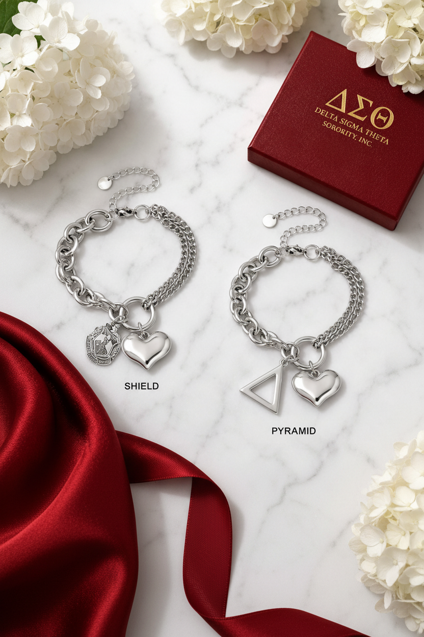 Delta Sigma Theta Shield and Pyramid Charm Bracelets styled on marble with crimson gift box and white hydrangeas