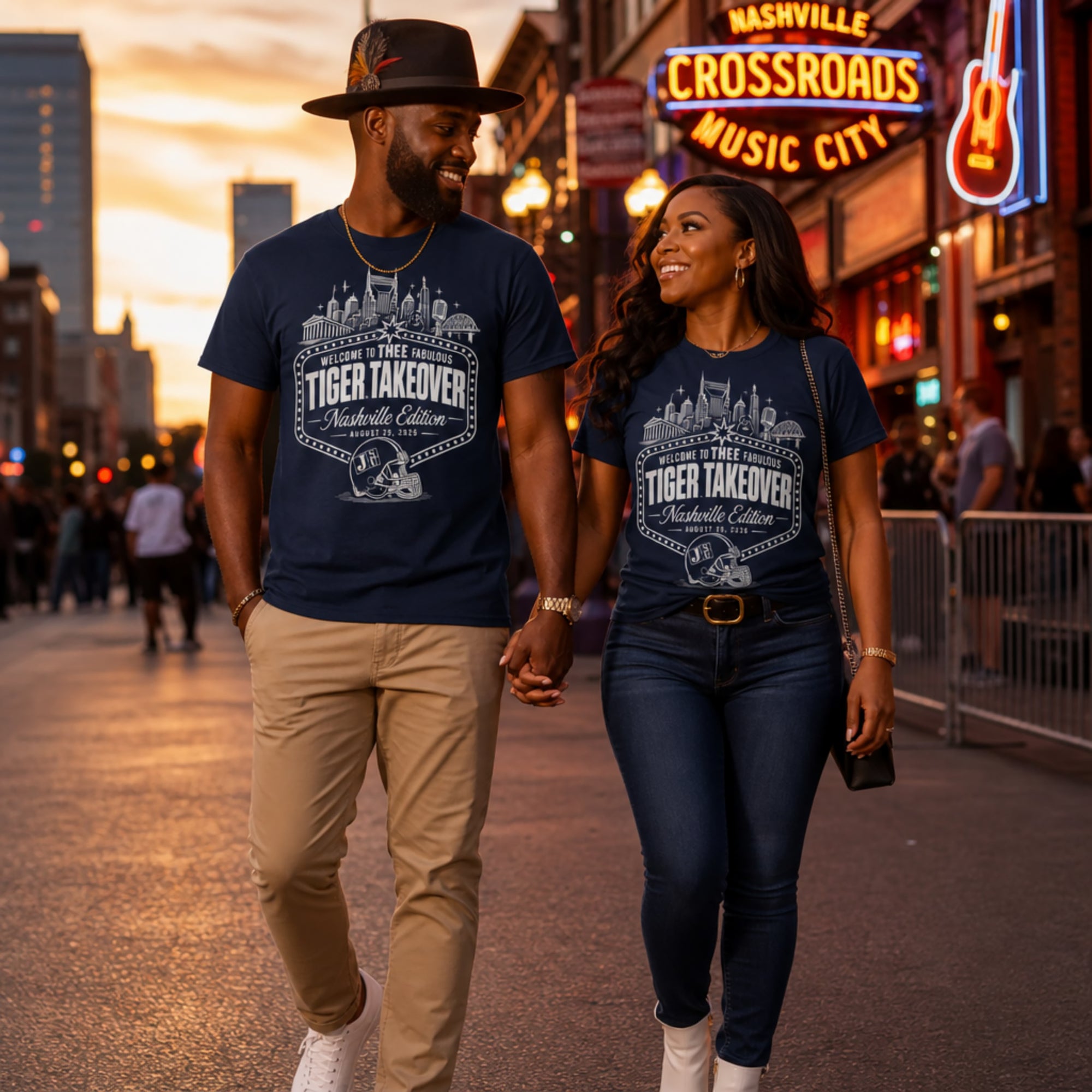 Jackson State alumni couple wearing Nashville Tiger Takeover shirts downtown