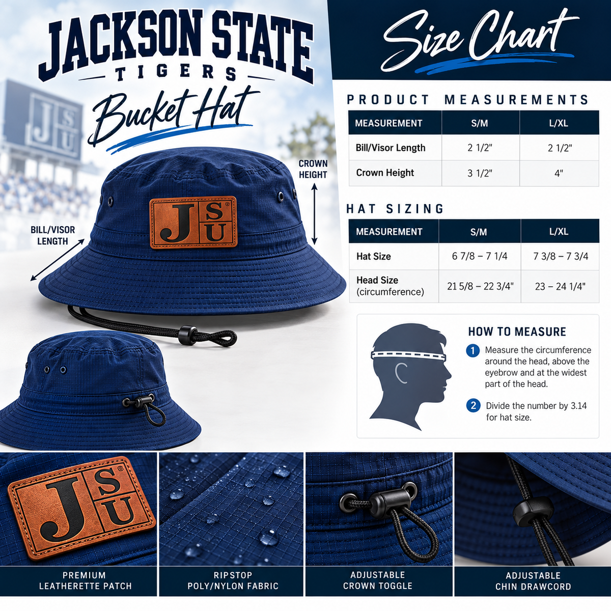 Jackson State Tigers bucket hat size chart with S/M and L/XL measurements and measuring instructions