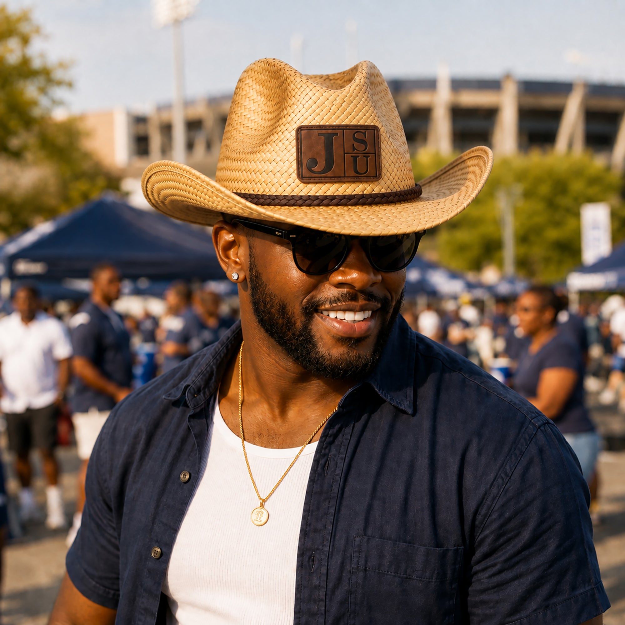 Jackson State University fan wearing JSU cowboy straw hat on game day