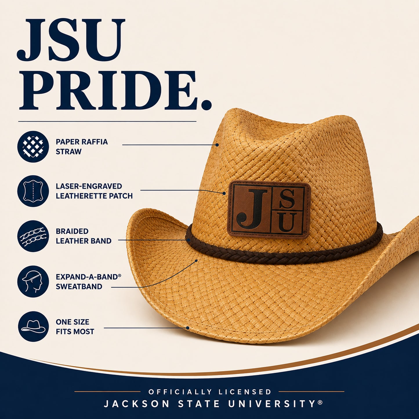 Jackson State cowboy straw hat featuring raffia straw, leatherette patch and braided leather band