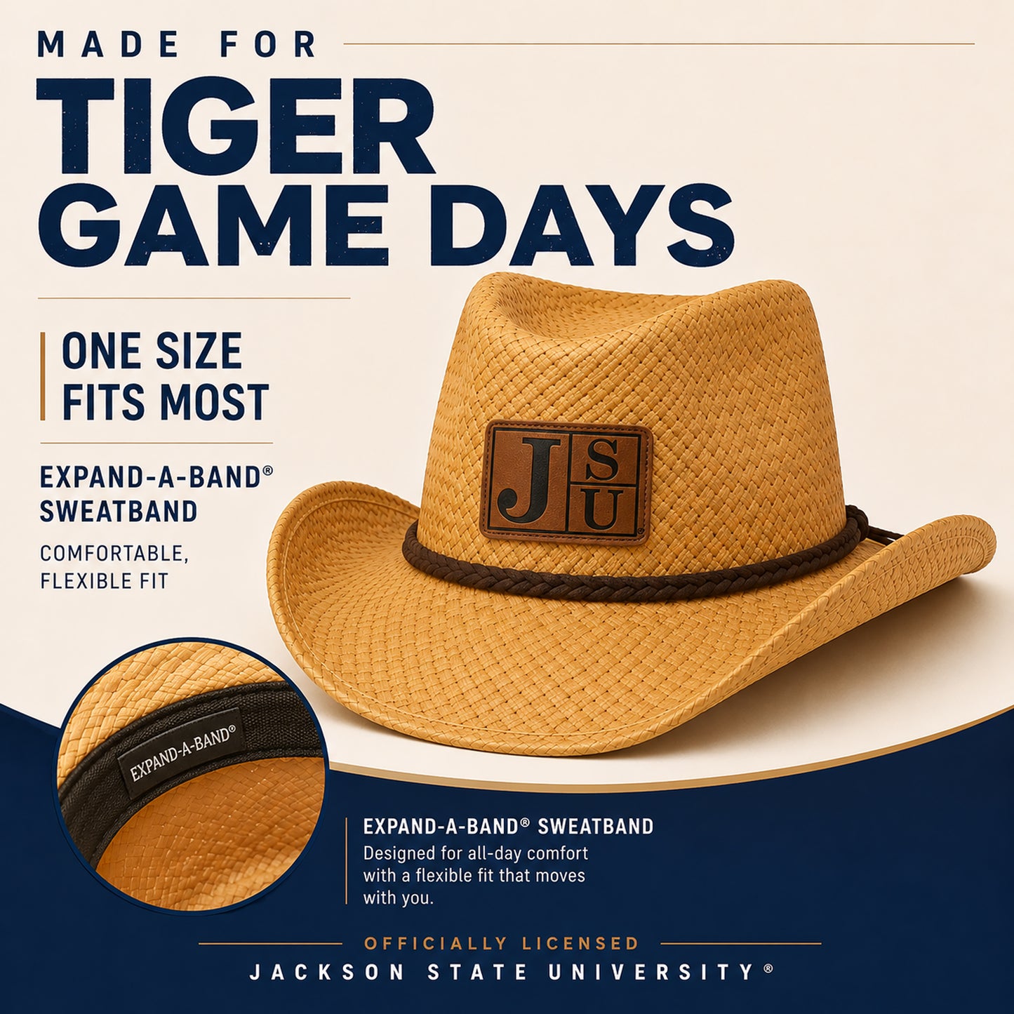 Jackson State cowboy straw hat with one size fits most Expand-A-Band sweatband