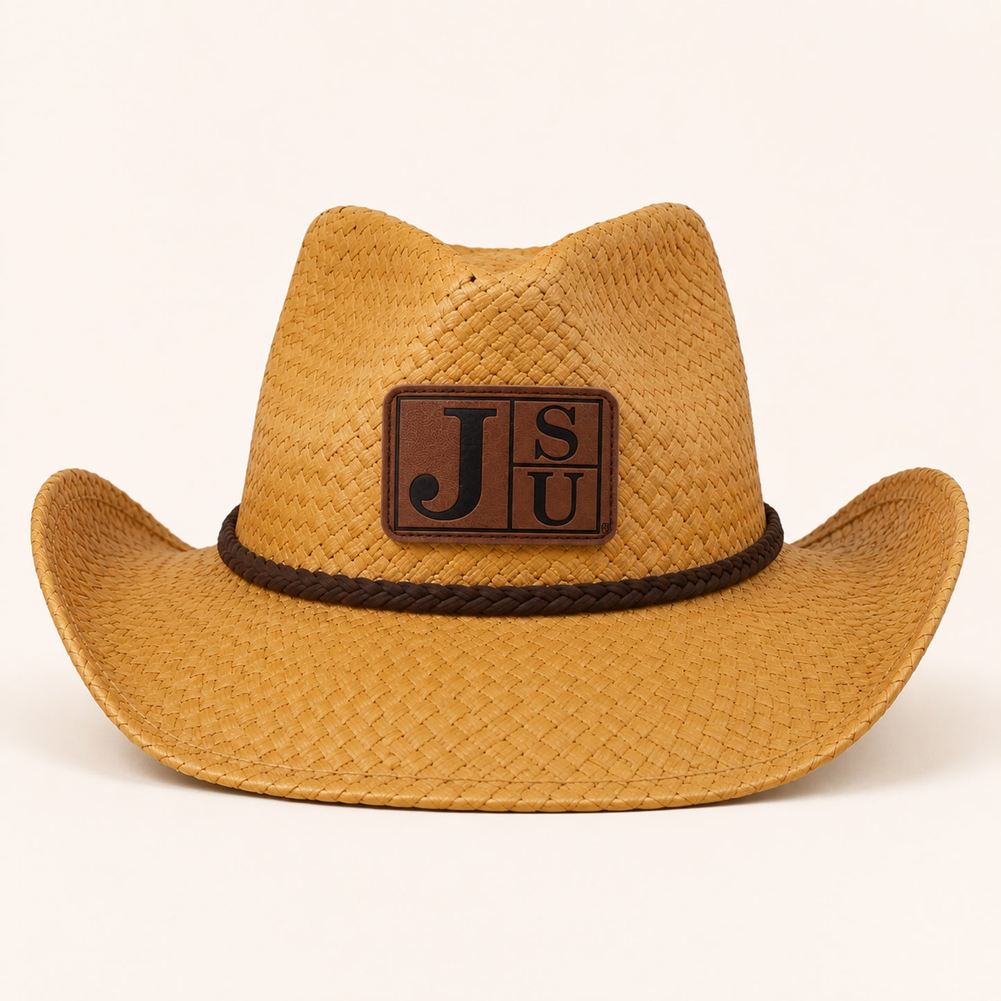 Front view of Jackson State University natural cowboy straw hat with engraved JSU patch