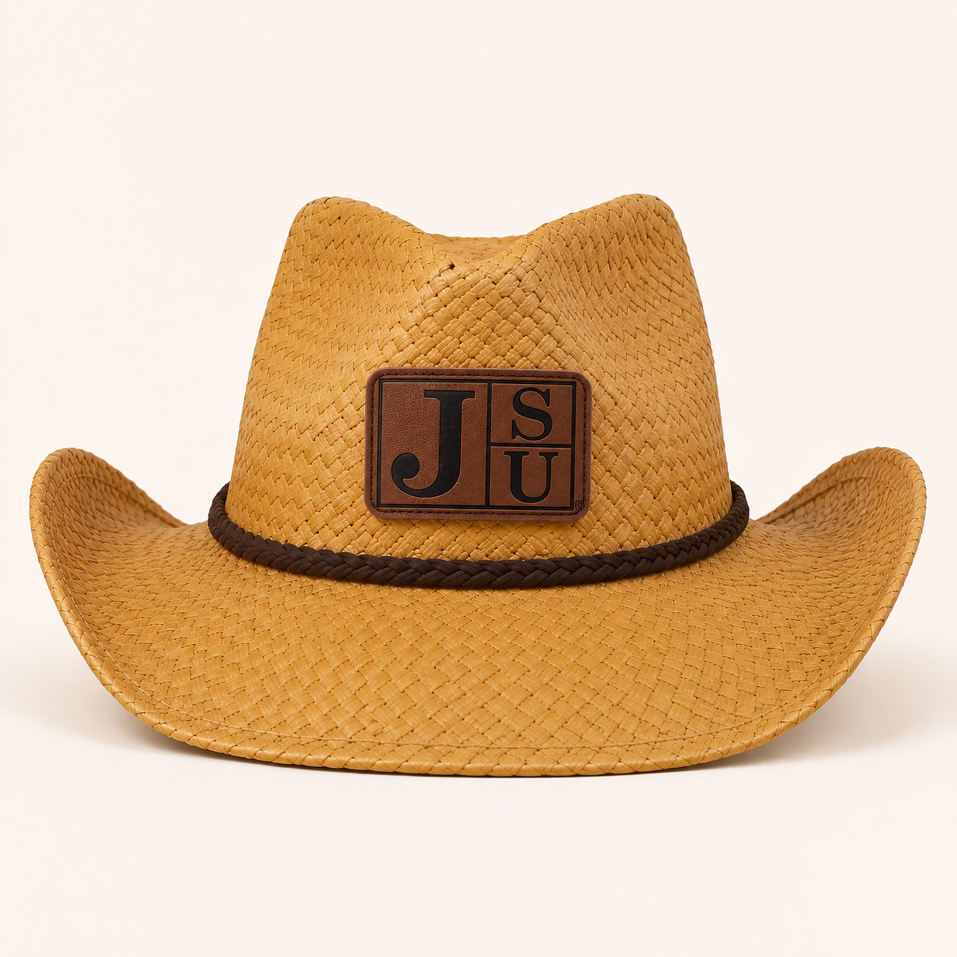 Front view of Jackson State University natural cowboy straw hat with engraved JSU patch