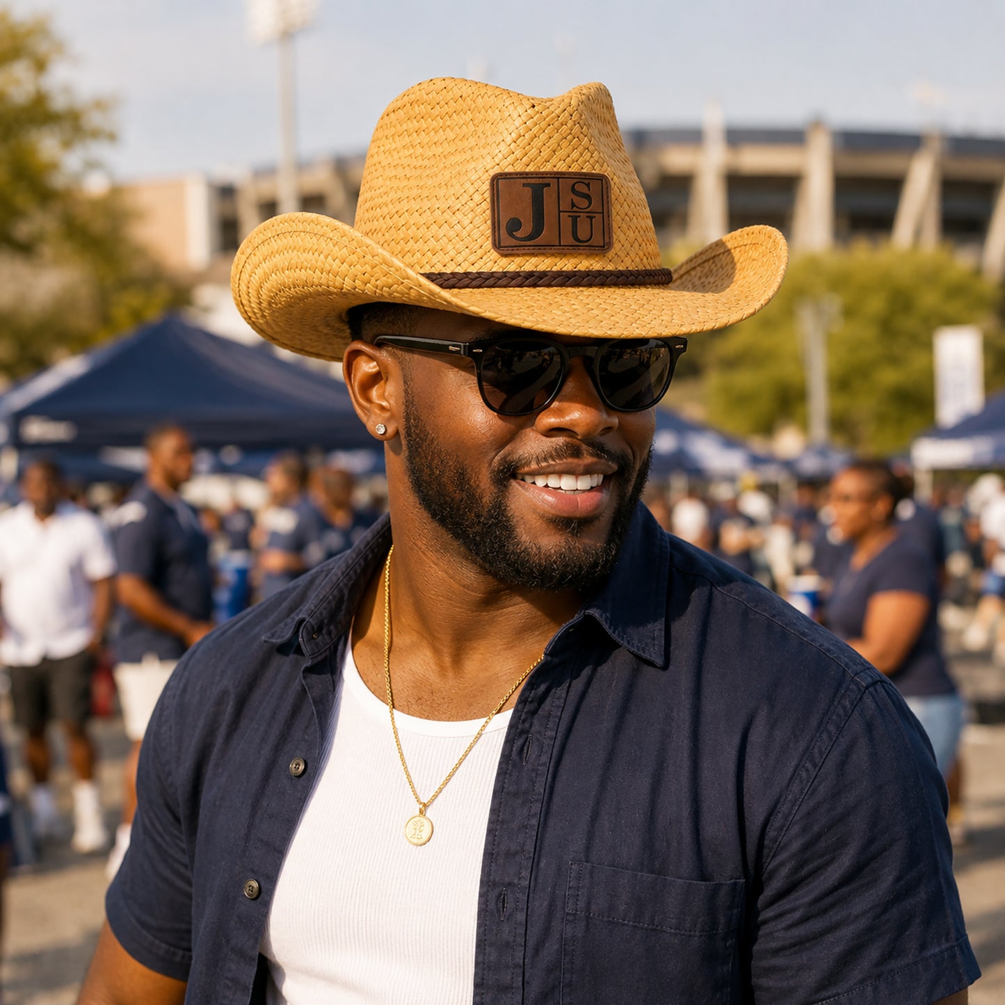 Jackson State fan wearing Block Letter cowboy straw hat at a football game day tailgate