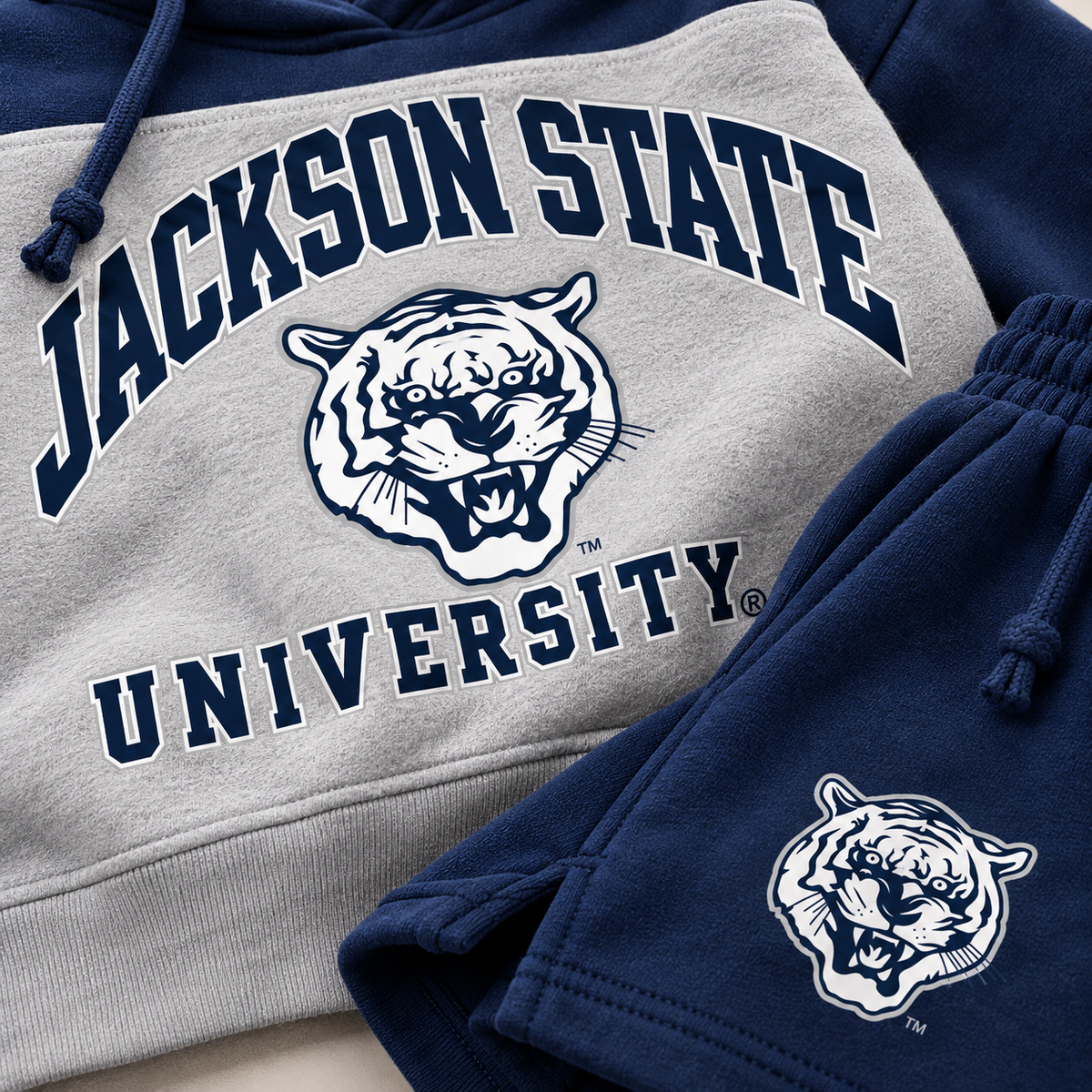 Close-up detail of Jackson State Tigers Varsity Arch artwork and Tiger Head on fleece