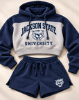 Jackson State Tigers cropped fleece hoodie and navy fleece shorts flat lay