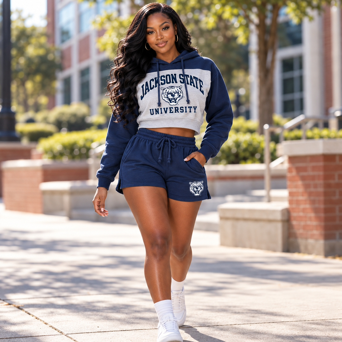 Black woman in Jackson State Tigers cropped fleece collection walking on campus