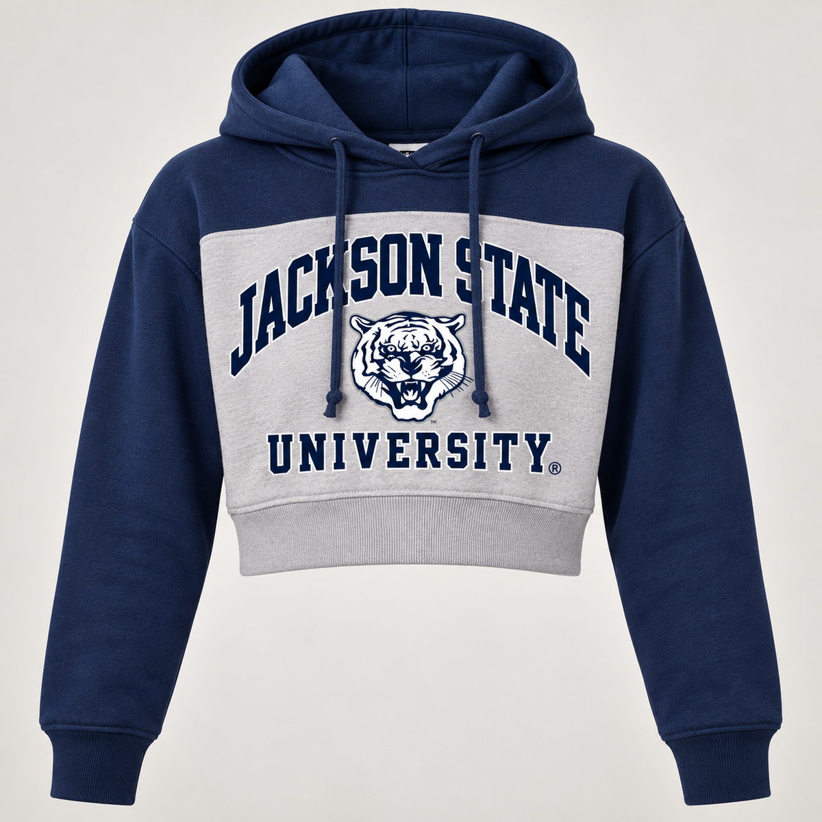 Jackson State Tigers women's cropped fleece hoodie front and back views