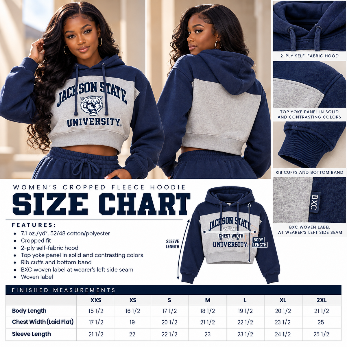 Boxercraft women's cropped fleece hoodie size chart XXS through 2XL