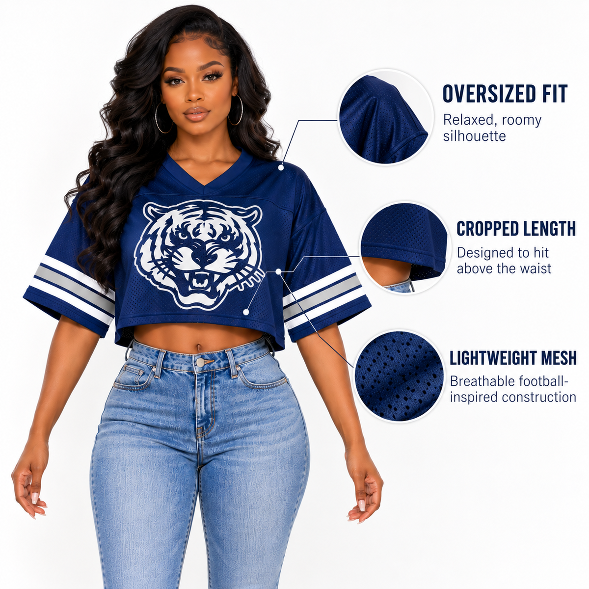 Jackson State Tigers cropped mesh football jersey oversized fit cropped length and lightweight mesh details