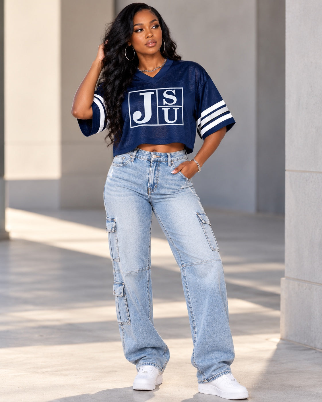 Model wearing Jackson State Tigers Block Letter navy cropped mesh football jersey