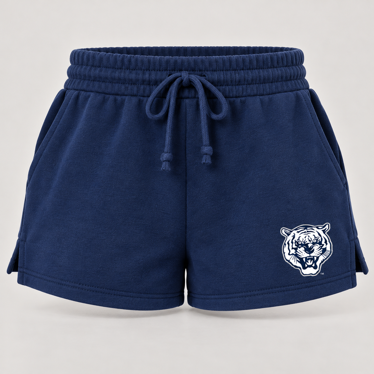 Jackson State Tigers women's navy fleece shorts front and back views