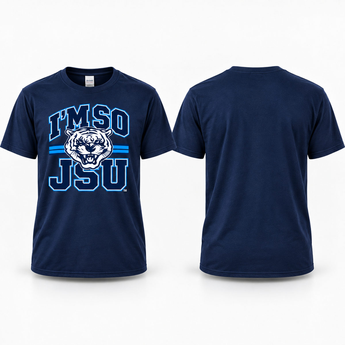 Navy Jackson State Tigers I'm So JSU short sleeve T-shirt, front and blank back views