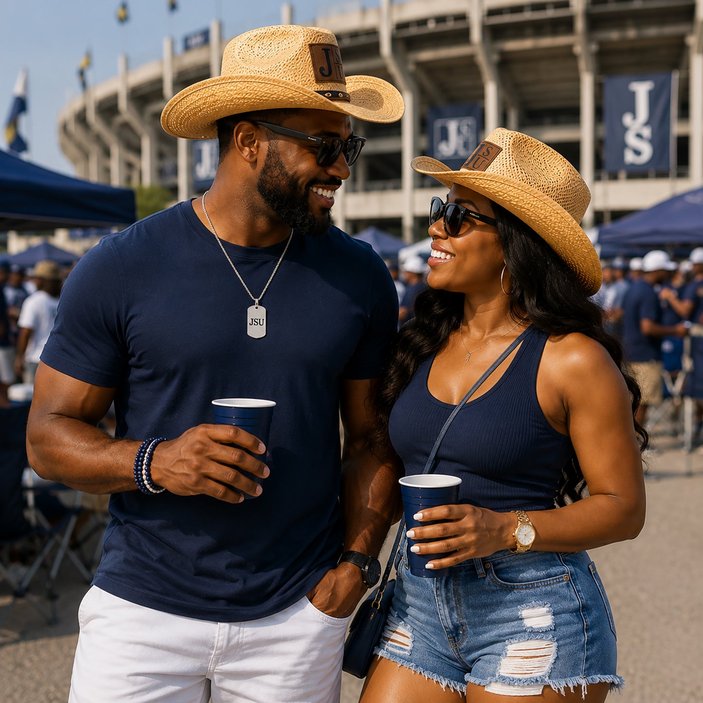 Black couple wearing Jackson State University JSU cowboy straw hats at a football game day tailgate.