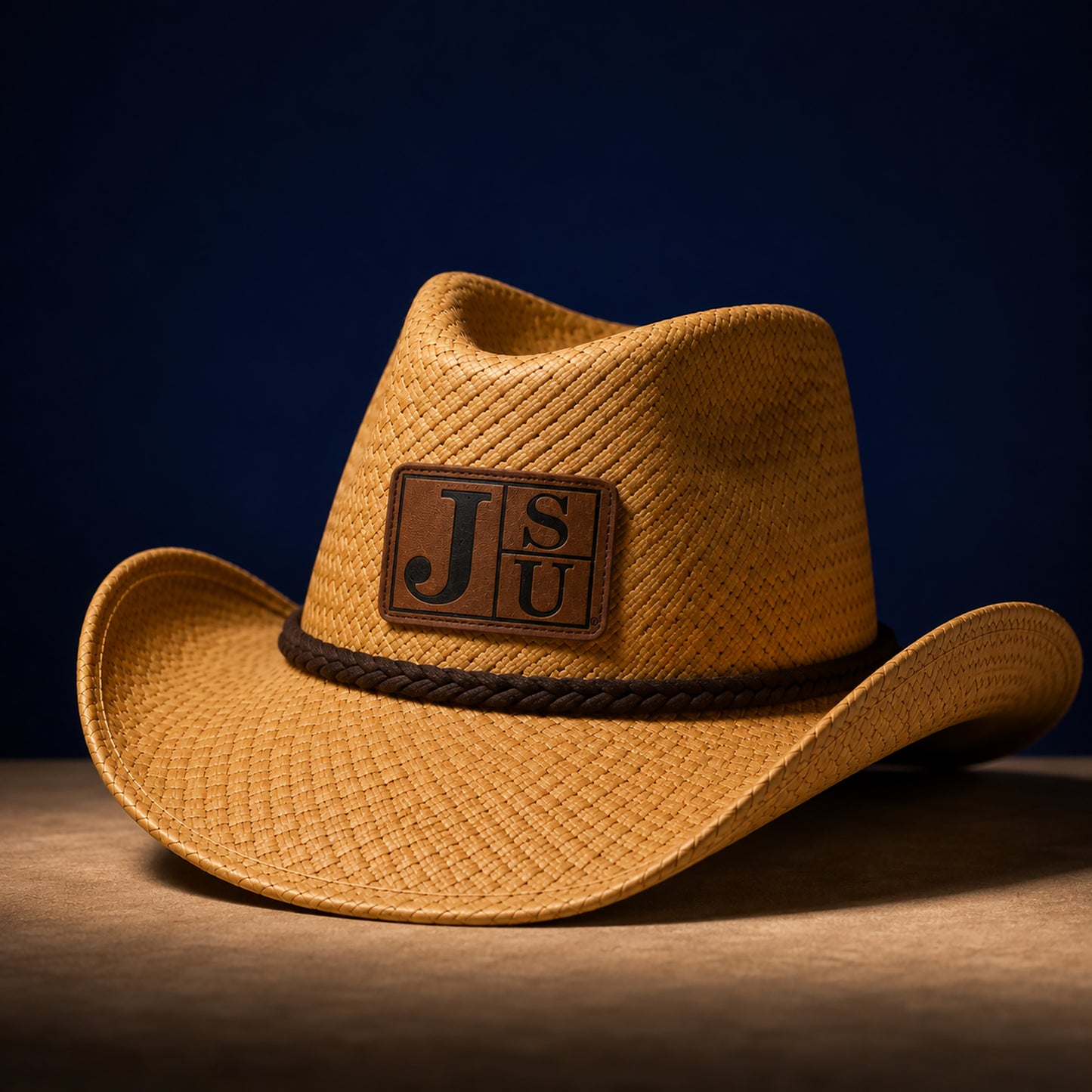Jackson State JSU cowboy straw hat with walnut leatherette patch on deep navy background