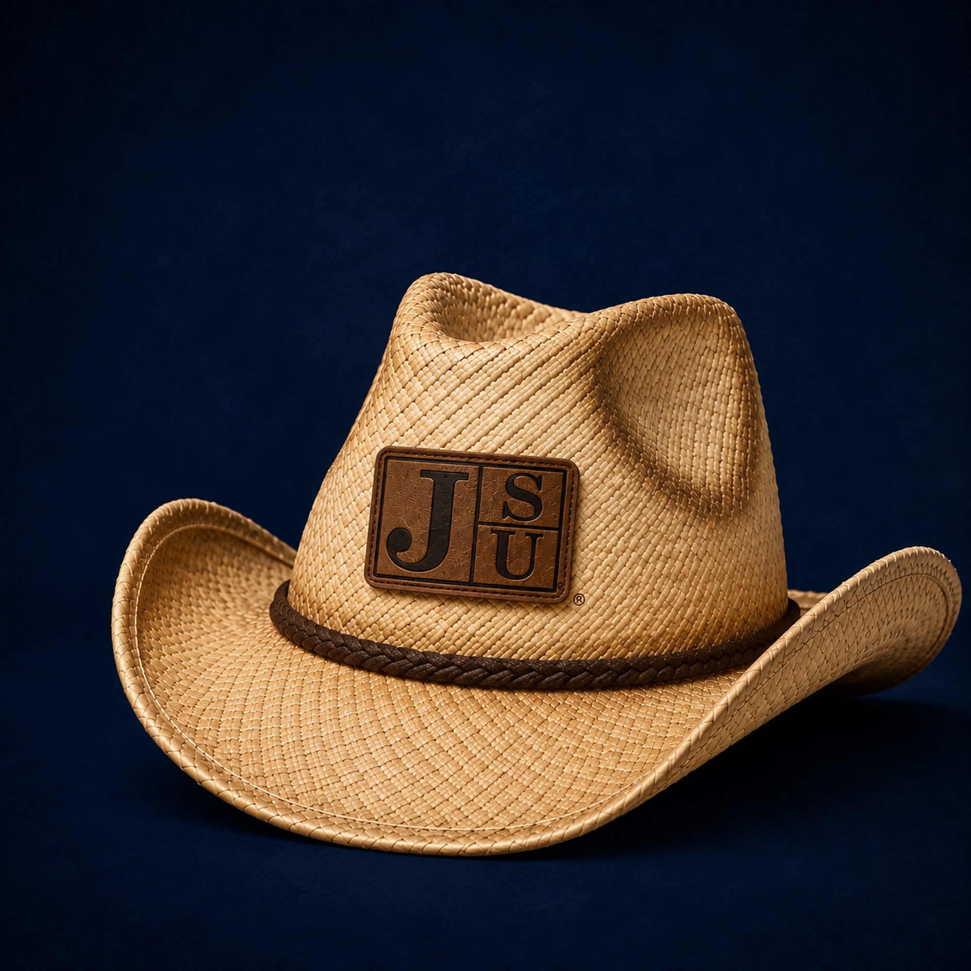Jackson State JSU cowboy straw hat with walnut leatherette patch on deep navy background