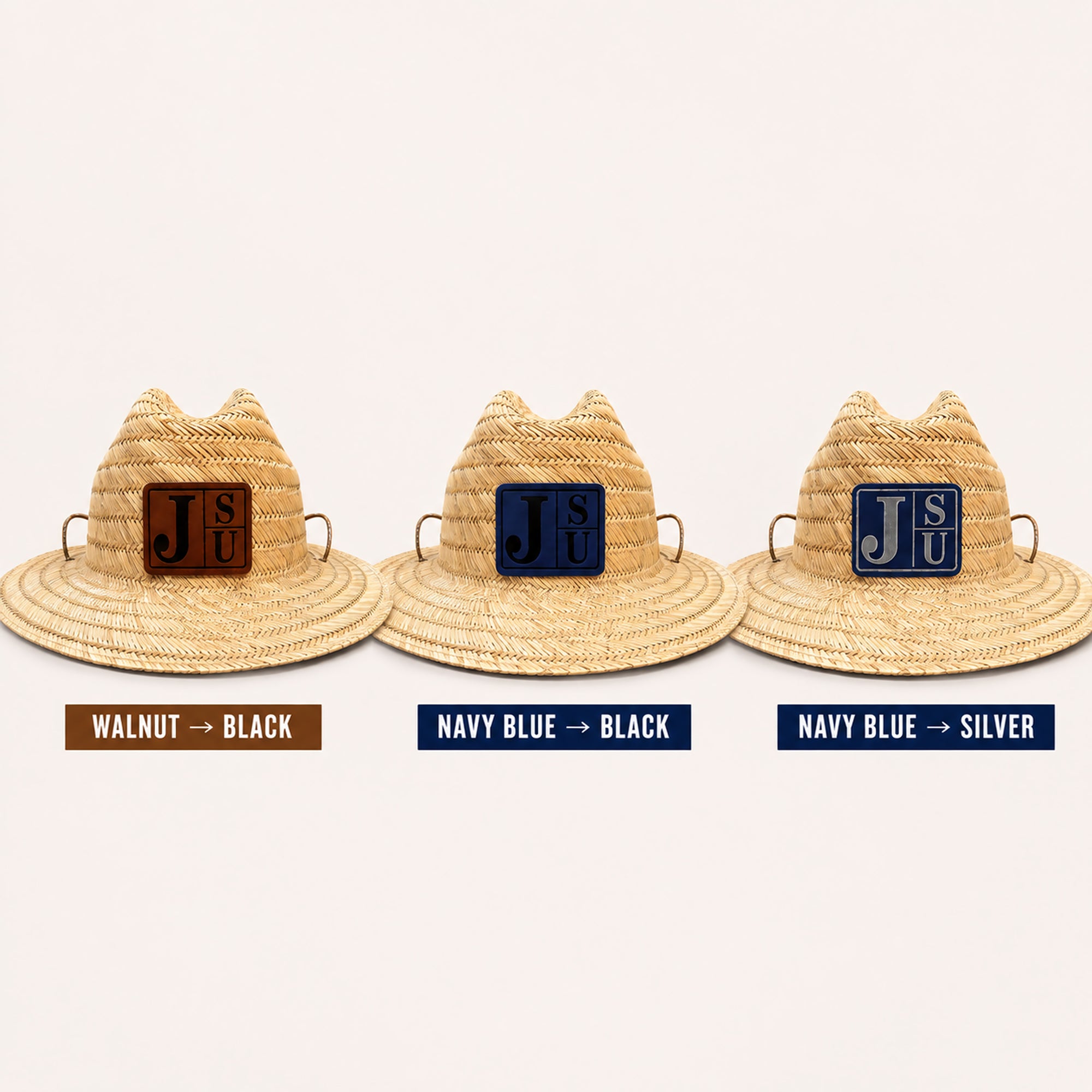 Jackson State JSU lifeguard hats with walnut to black, navy blue to black, and navy blue to silver leatherette patch options