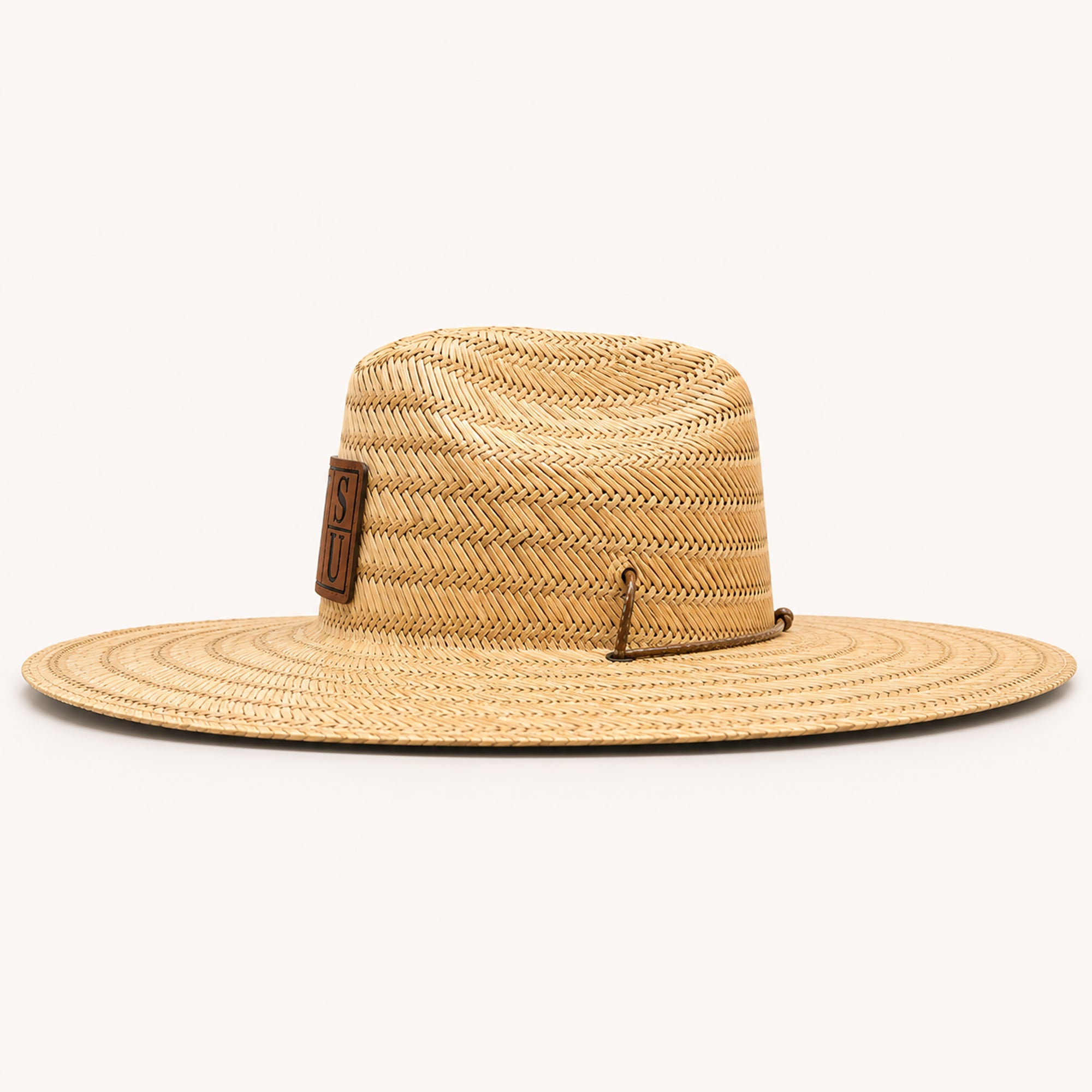 Side profile of Jackson State JSU natural straw lifeguard hat showing wide brim and woven construction