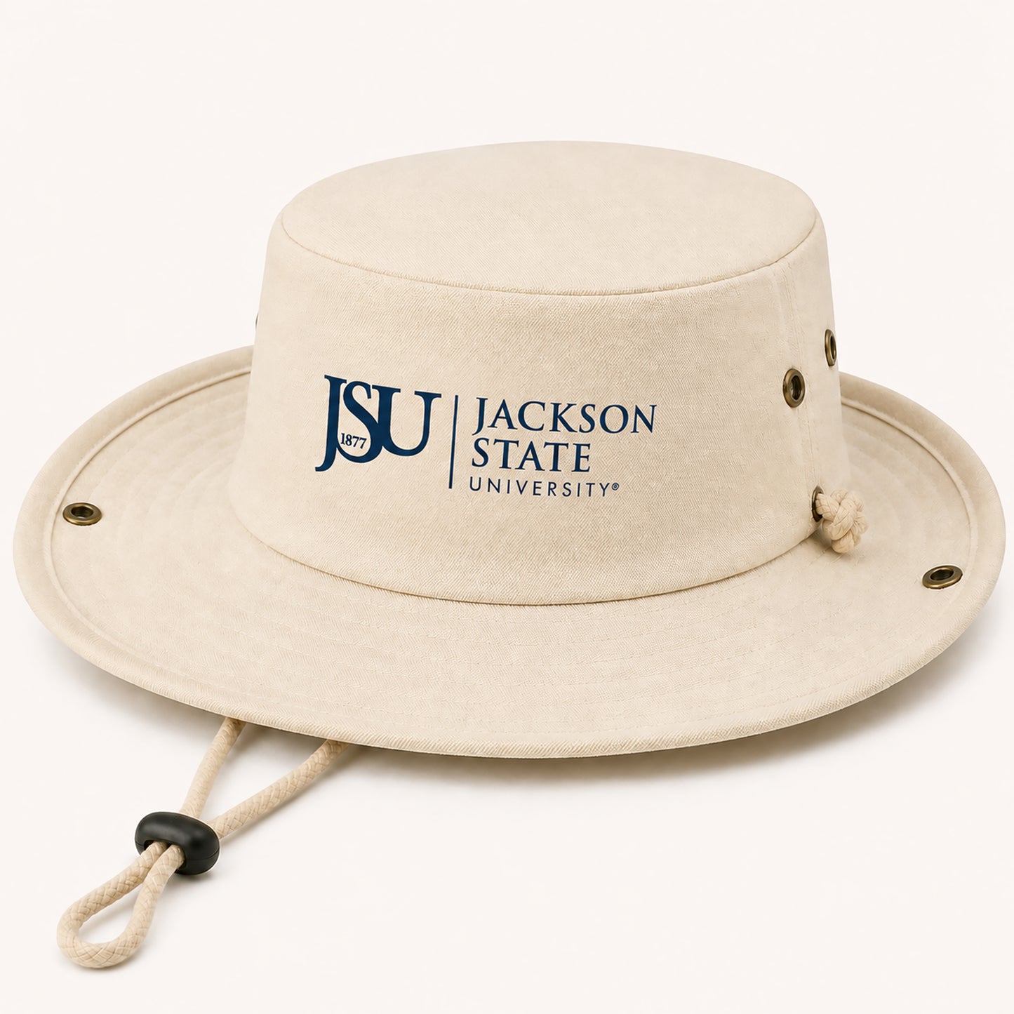 Jackson State University Canvas Outback Hat with navy Floating J logo and adjustable drawcord