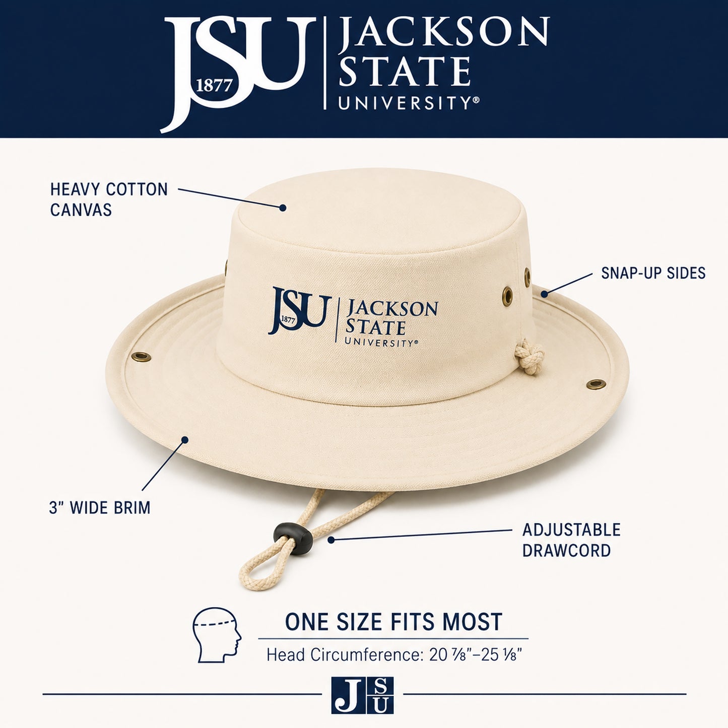 Jackson State Outback Hat with 3 inch brim adjustable drawcord snap-up sides and heavy cotton canvas