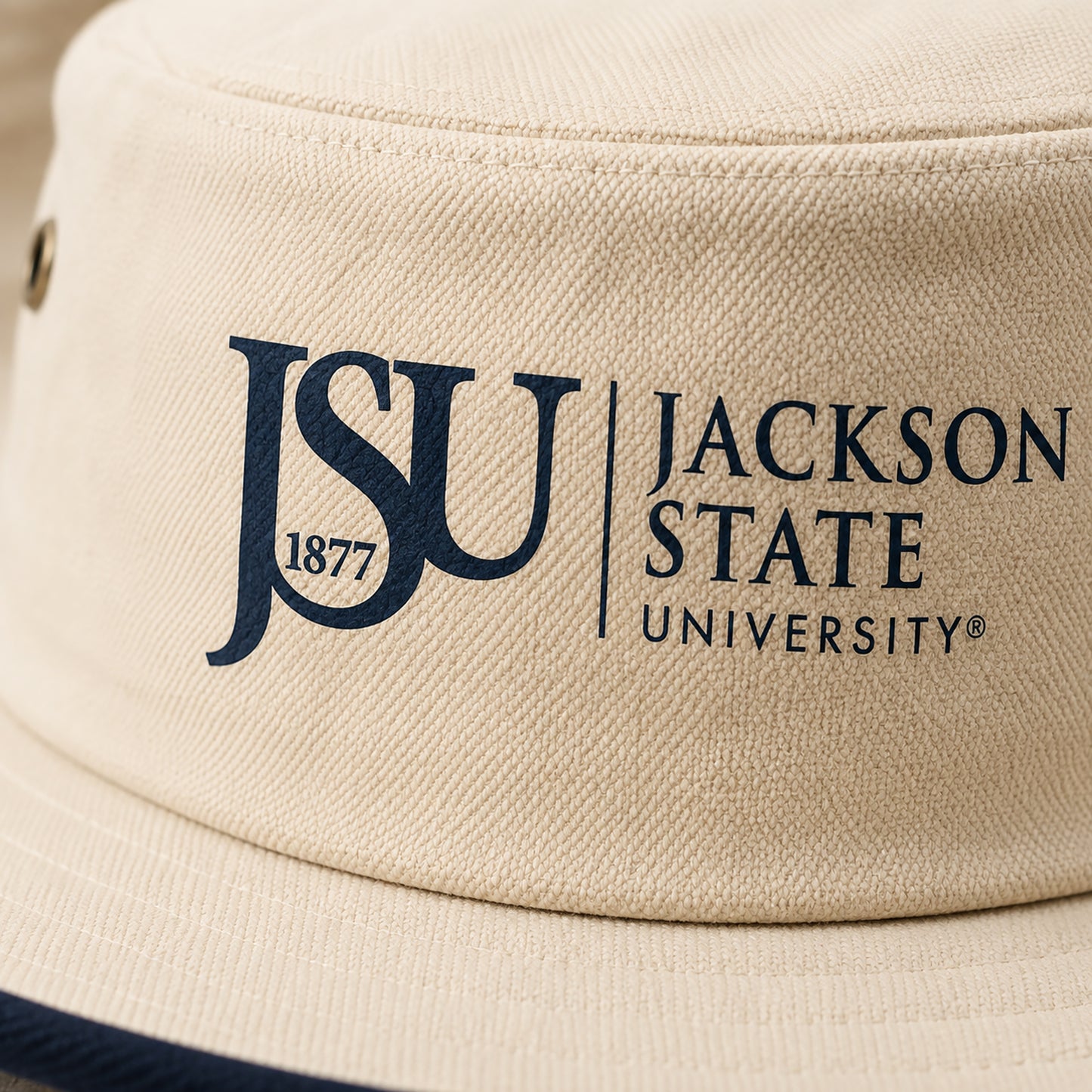 Close-up of Jackson State University Floating J print on heavy cotton canvas Outback Hat