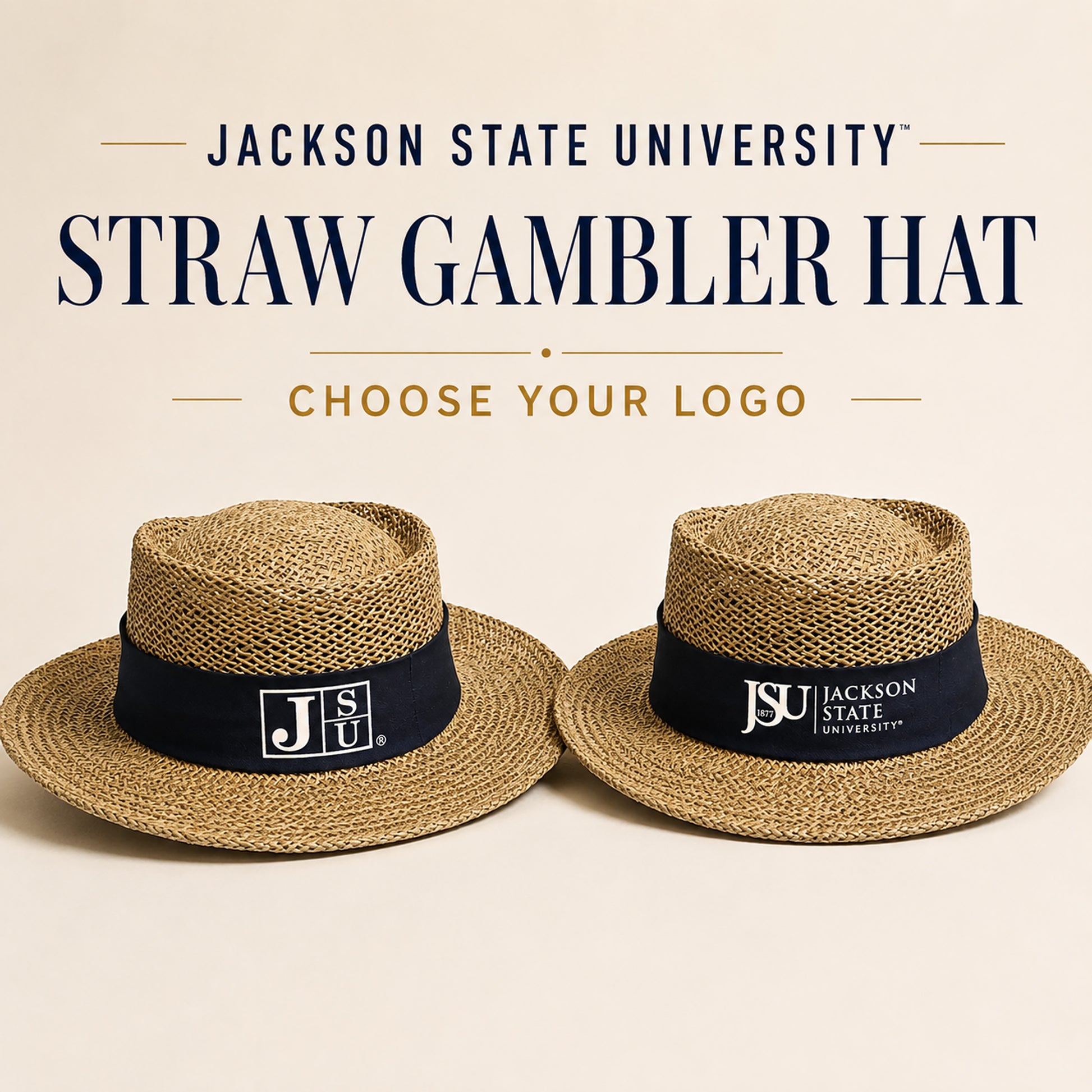 Jackson State University straw gambler hats with navy bands and JSU logo options