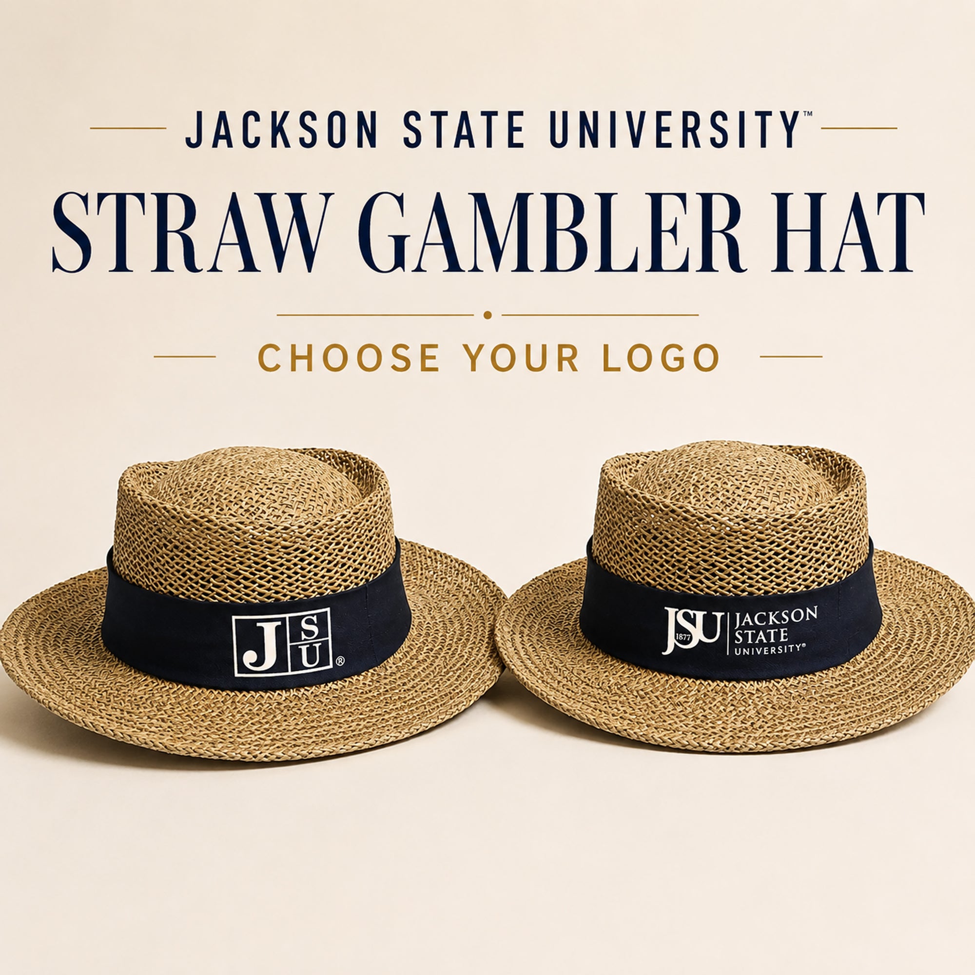 Jackson State University straw gambler hats with navy bands and JSU logo options