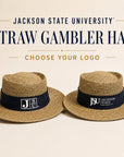 Jackson State University straw gambler hats with navy bands and JSU logo options