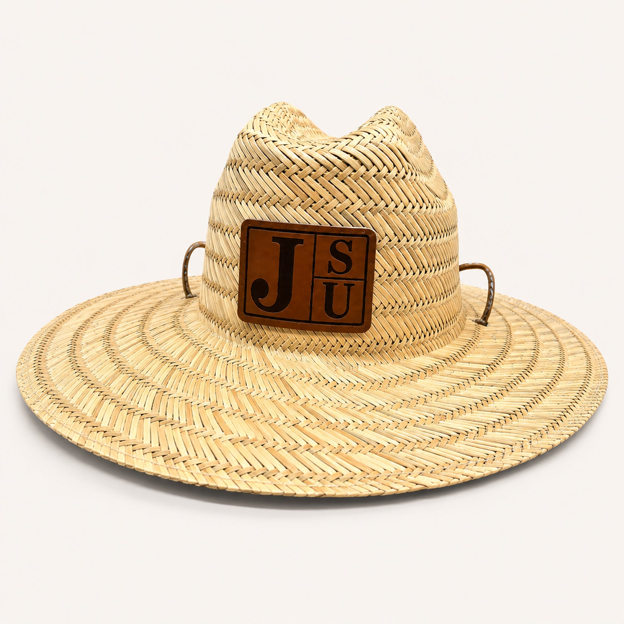 Jackson State University JSU wide brim straw lifeguard hat with walnut and black leatherette patch