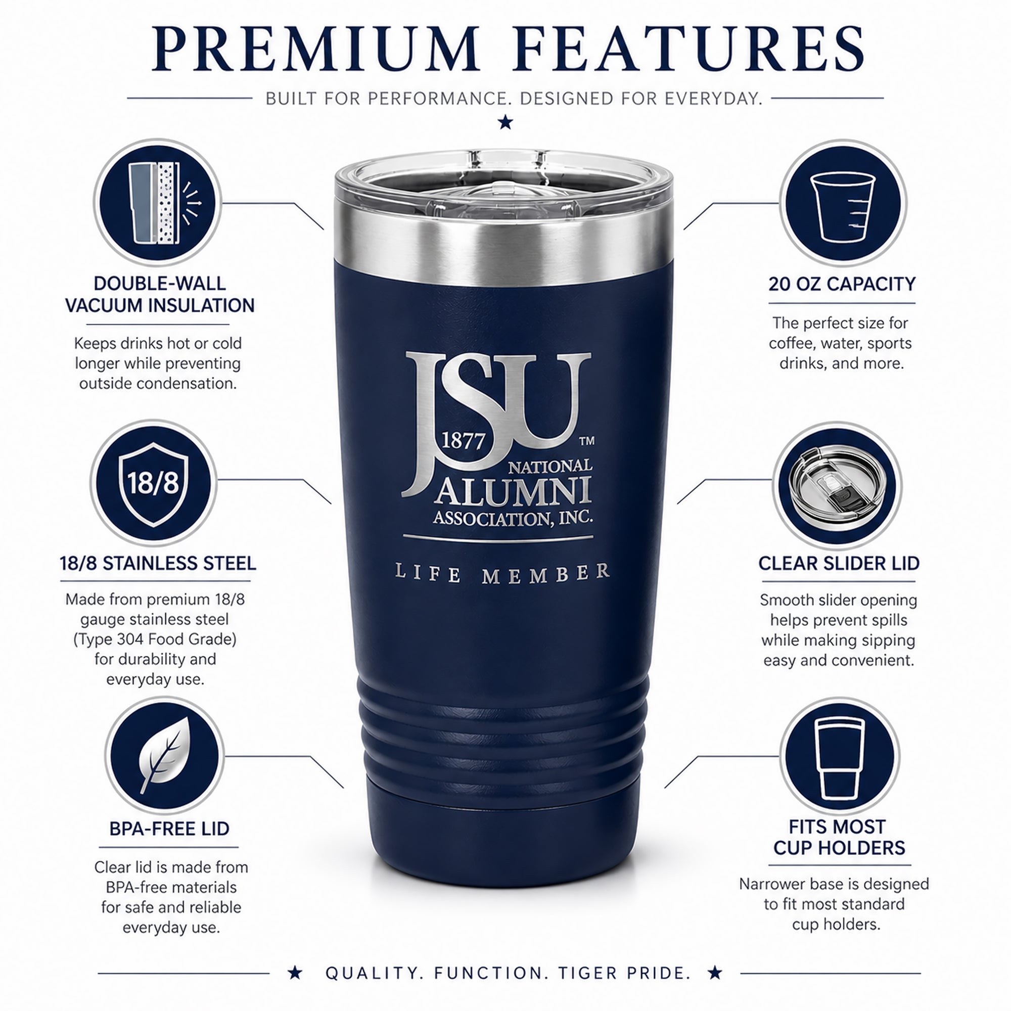 Features of the Jackson State University Life Member 20 oz Polar Camel tumbler.