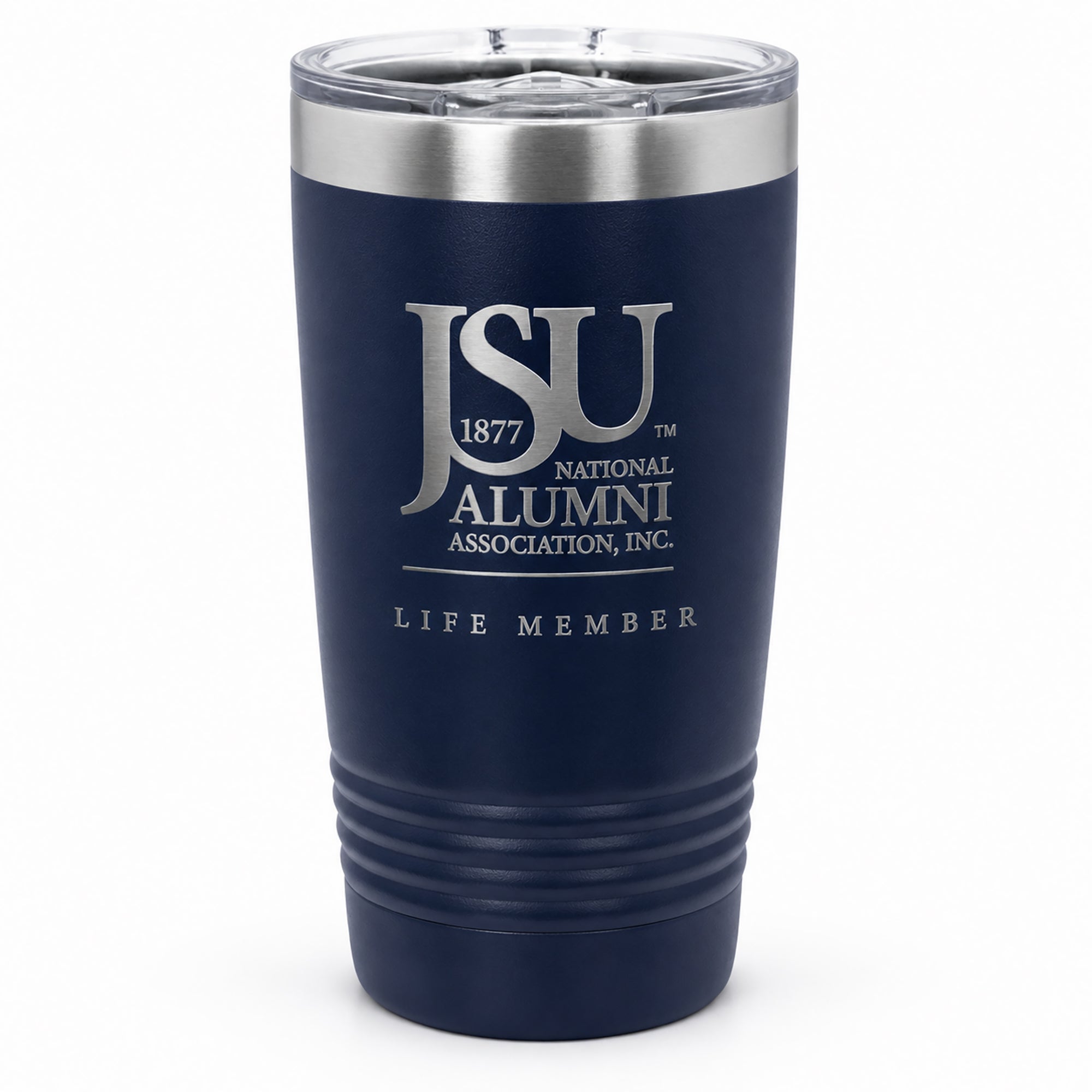 Officially licensed Jackson State University Life Member 20 oz navy tumbler with laser engraved design and clear slider lid.