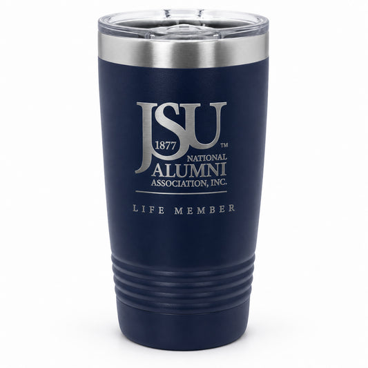 Officially licensed Jackson State University Life Member 20 oz navy tumbler with laser engraved design and clear slider lid.