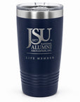 Officially licensed Jackson State University Life Member 20 oz navy tumbler with laser engraved design and clear slider lid.