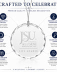 Features of the Jackson State University Life Member crystal ornament including optic crystal, frosted engraving, faceted edges, silver string, and gift box.