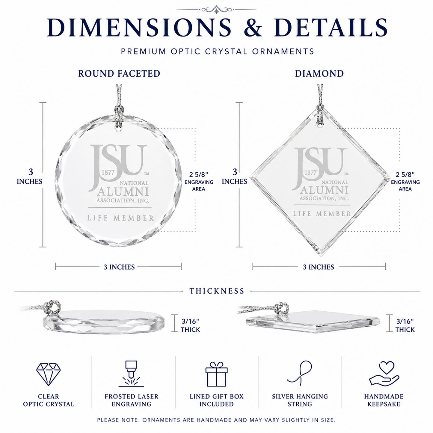 Dimensions of the Jackson State University Life Member crystal ornament showing 3-inch size, 3/16-inch thickness, and 2 5/8-inch engraving area.