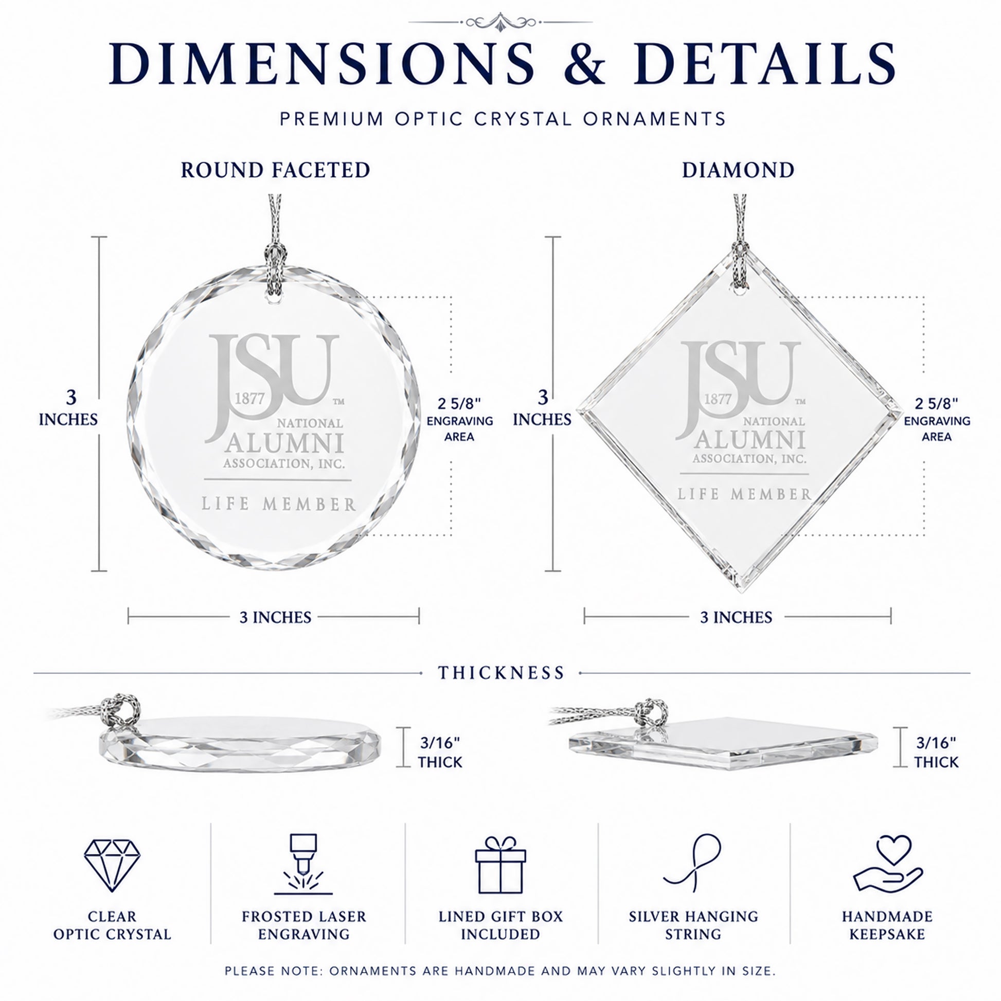Dimensions of the Jackson State University Life Member crystal ornament showing 3-inch size, 3/16-inch thickness, and 2 5/8-inch engraving area.